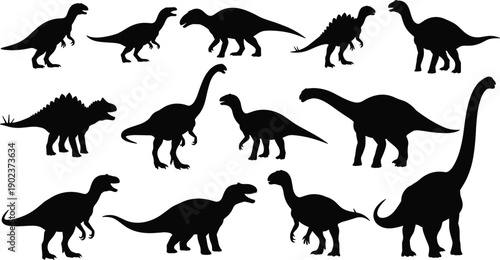 Collection of dinosaur silhouettes featuring prehistoric reptiles isolated on white background representing ancient wildlife, paleontology, evolution, and extinct species