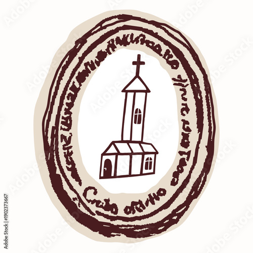 Iconic pilgrims credential stamp with chapel for Santiago de Compostela camino pilgrimage road in Spain, Europe. Hand drawn black and white vector motif, isolated. For religious christian travel