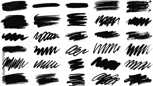 A collection of various black brush strokes on a white background for artistic and design purposes