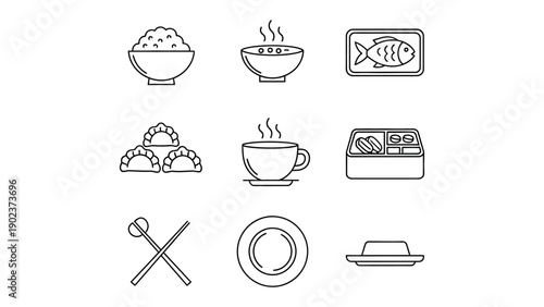 Japanese Food Icons: A set of clean, minimalist line art icons representing various elements of Japanese cuisine, including rice, soup, fish, dumplings, coffee, sushi, chopsticks, and plates.