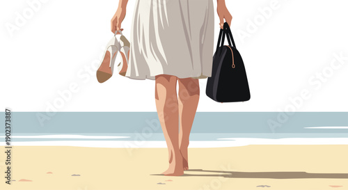 Close Up of Woman Legs Walking Barefoot on Sandy Beach Carrying High Heels and Handbag