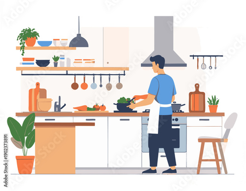 Flat vector illustration of a person cooking in the kitchen
