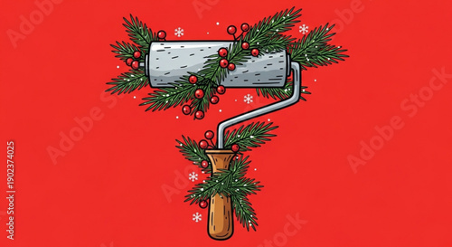 Christmas decorated paint roller with holly and berries on red background festive home improvement concept