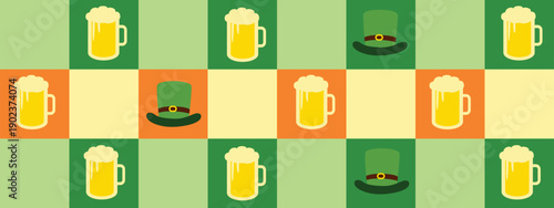 Saint Patrick’s Day Geometric Bauhaus Seamless Pattern with Beer and Leprechaun Hat – Modern Irish Holiday Tile