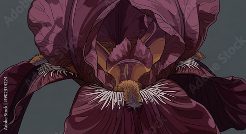 Vibrant purple iris flower close up with white and yellow details on dark background