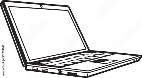 Laptop silhouette icon isolated on checkered background, computer for work and study, modern technology and communication