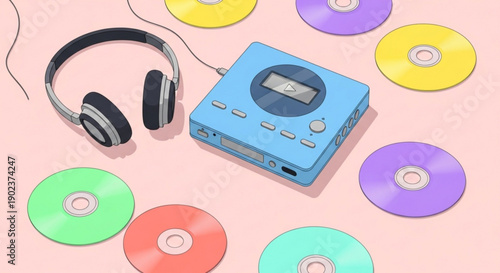 Vibrant blue cd player with headphones and colorful discs on pastel background retro music setup entertainment concept