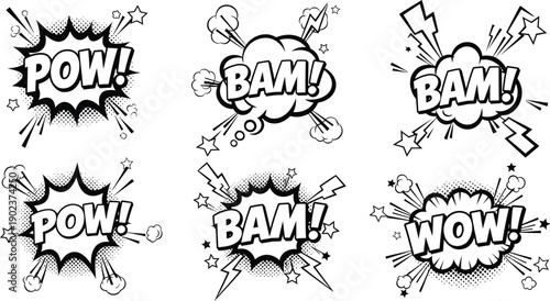 A black and white comic book style illustration of various explosion and impact effects with words like pow, bam, and wow.