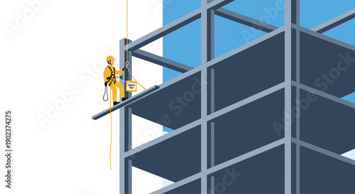 Construction Worker in Yellow Safety Harness Working on Steel Frame of High Rise Building