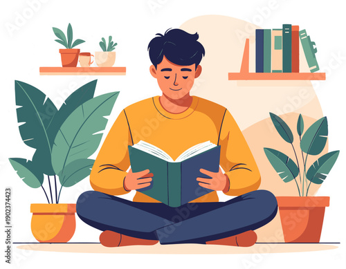 Flat vector illustration of a person reading a book at home,