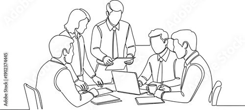 A continuous line drawing depicts a business meeting with five people around a table on transparent background silhouette high quality professional