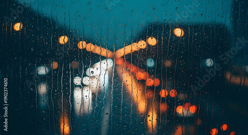 Obraz na płótnie Blurry city lights seen through a rain-streaked window at night, creating a mood