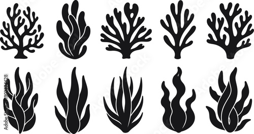 A collection of black coral and seaweed silhouettes on a white background