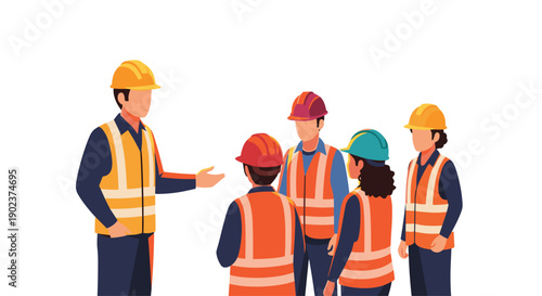 Construction Foreman in Yellow Helmet and Vest Explaining Task to Group of Workers on Site
