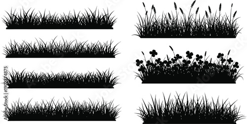A collection of black silhouettes of various grass types and flowers on a white background