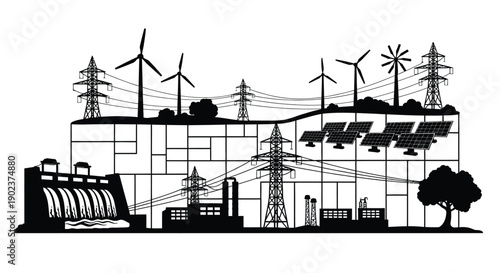 Black and white illustration showcasing diverse energy sources connected through a power grid system