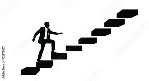 Silhouette of businessman climbing upward against a white background symbolizing career growth and success