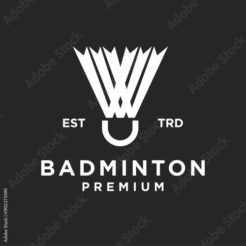 Minimalist badminton shuttlecock logo with "W" letter mark, modern premium sports club emblem design on black background.