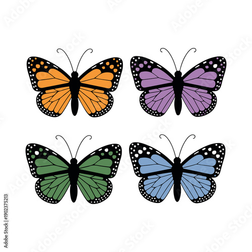 Four colorful butterflies with patterned wings illustrated on white background
