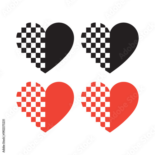 Four checkered heart icons in black and red with bold patterned design