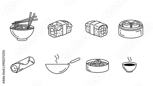 Culinary Fusion: An artistic monochrome sketch showcases a delightful ensemble of Asian dishes, from the savory noodles in a bowl to the flavorful sushi rolls.