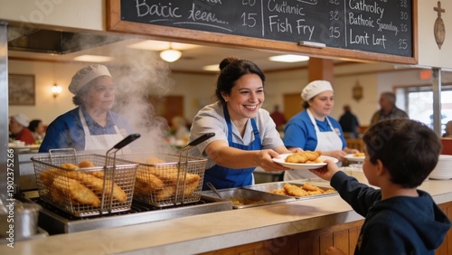 Smiling asian female cafeteria worker serving food to young boy at school lunch counter, busy kitchen teamwork and community care vibe, nutrition and public service