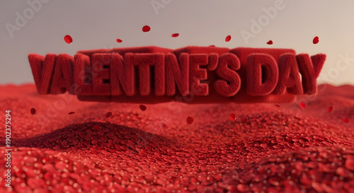 Fuzzy red text valentines day floats above wavy red rose petals romantic textured background celebration