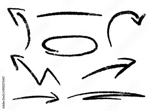 Rough, black textured underlines and arrows highlight text and hand-drawn decorations. Hand-drawn drawings with a grainy finish are suitable for marking documents.