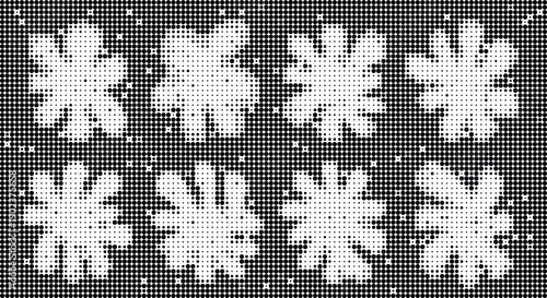 Black and white halftone dots forming abstract organic shapes and patterns