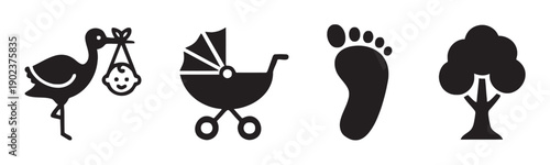 Baby stork with bundle, stroller, footprint, and tree icons