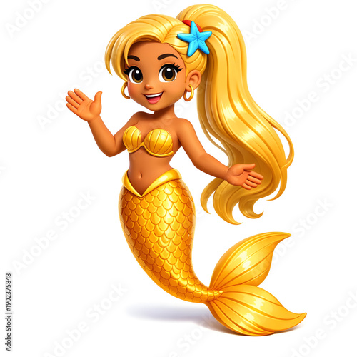 Pretty Mermaid With Golden Scales And Blue Starfish In Her High Ponytail For Very Long Shiny Golden Hair