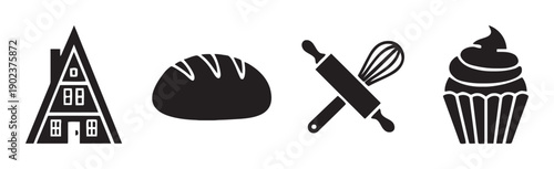 Baking and pastry icons, house, bread, rolling pin, cupcake