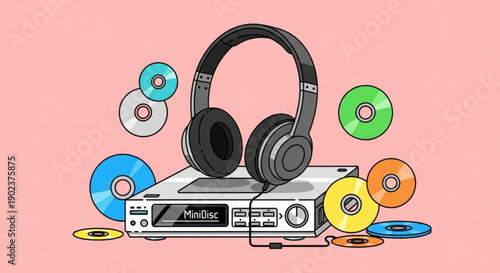 Modern stereo system with headphones and colorful cds on pastel pink background perfect for music enthusiasts and entertainment