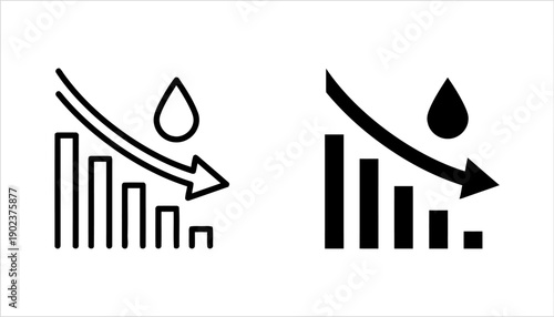 Bar chart with downward trending arrow and water drop icon