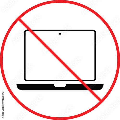 Ban on laptop computers, prohibition symbol with open notebook for restrictions and warnings