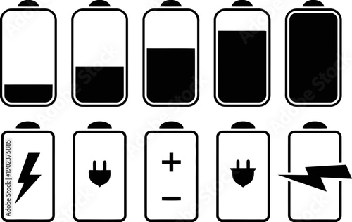 Battery charge level indicators and charging symbols for power and energy concepts
