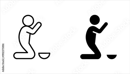 Begging man praying for help with empty bowl icon line art and silhouette vector set