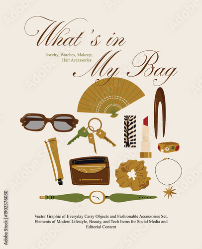 Flat Vector Illustration of What's in My Bag Everyday Carry Set Featuring Sunglasses, Watch, Lipstick, Keys, Jewelry, and Hair Accessories for Modern Lifestyle Beauty and Editorial Design Content