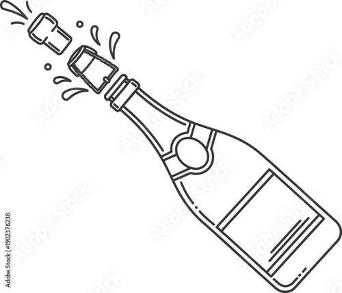 A hand drawn illustration of a champagne bottle exploding with cork and bubbles on transparent background silhouette high quality professional detailed modern