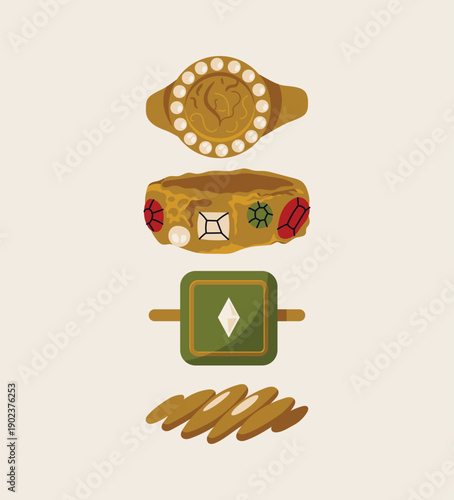 Set of Vintage Gold Rings with Gemstones and Pearls, Medieval Antique Jewelry Vector Illustration, Flat Style Aesthetic Rings with Ruby, Emerald, and Diamond Details, Isolated Accessories Pack