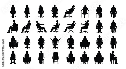 Collection of diverse black silhouette icons depicting various people sitting in office chairs and lounge furniture