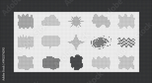 Black and white halftone dots forming abstract shapes and patterns