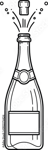 A detailed line art illustration of a champagne bottle with popping cork on transparent background silhouette high quality professional modern elegant