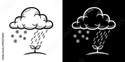 Cloud releasing snow and rain nourishing a sprout illustrating Spring Equinox, isolated vector image, two design options on transparent and black backgrounds, pencil drawing, chalk drawing  