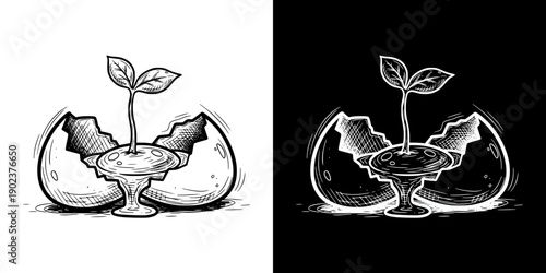 Sprout growing from a cracked egg symbolizing Spring Equinox, isolated vector image, two design options on transparent and black backgrounds, pencil drawing, chalk drawing  