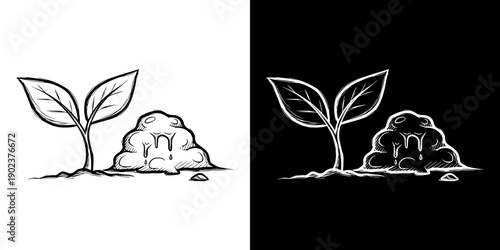Sprout growing next to melting snow pile representing Spring Equinox, isolated vector image, two design options on transparent and black backgrounds, pencil drawing, chalk drawing