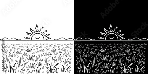 Sun rising above grassy landscape split between light and dark in spring equinox, isolated vector image, two design options on transparent and black backgrounds, pencil drawing, chalk drawing  