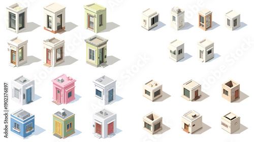 Isometric small house cubes in pastel colors with minimalist design. Compact residential buildings ideal for housing visualization real estate graphics and game assets.