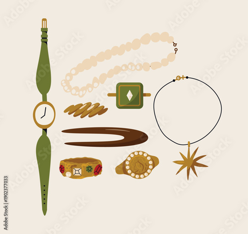 Vector Illustration Set of Vintage and Antique Jewelry: Flat Icons Green Watch, Pearl Necklace, Gold Star Pendant, Gemstone Rings, Hair Pin, and Elegant Accessories on Neutral Background