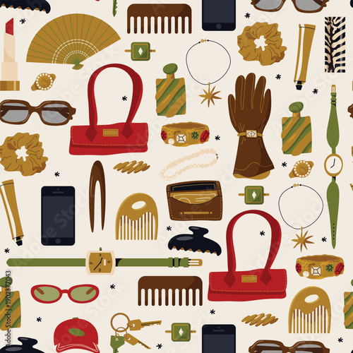 Fashion accessories items seamless pattern. Vector illustration of bags, jewelry, watches, cosmetics, hair accessories, keys, wallet, phone, glasses. Fashion lifestyle and everyday essentials concept
